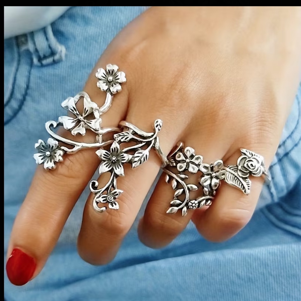 4 Piece Bohemian Silver Flower Ring Set